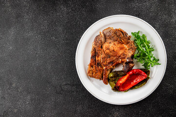Steak pork barbecue meat tasty snack fresh delicious gourmet food background on the table rustic food top view copy space