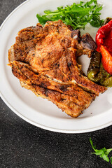 Steak pork barbecue meat tasty snack fresh delicious gourmet food background on the table rustic food top view copy space