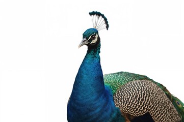 Naklejka premium A stunning exotic bird striking a pose for the camera. Close-up of a peafowl.