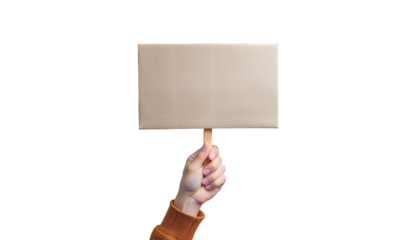 Illustration of hand holding blank sign on stick for message or advertisement isolated on white background