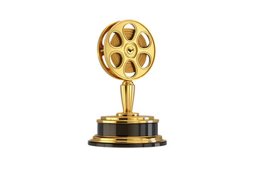 Obraz premium Golden film reel trophy on black base, classic cinema award with six spoke design, isolated on a transparent background