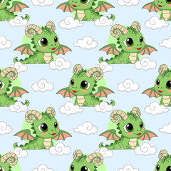 Cute Cartoon Green Dragons and Clouds Seamless Pattern