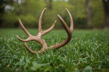 Fototapeta premium A single red deer antler resting on lush green grass in a natural setting
