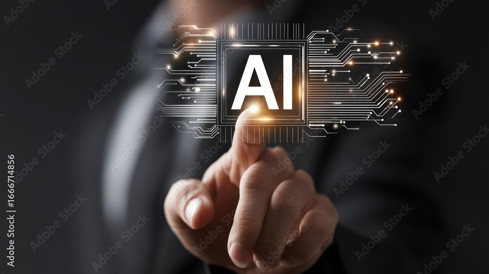 Aufkleber businessman pointing at glowing ai icon with digital circuit design representing artificial intellig