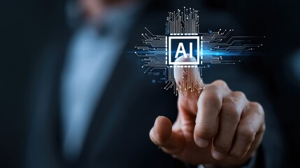 Businessman pressing AI digital icon with glowing circuit pattern symbolizing artificial intelligence, automation and innovation, ideal for IT, business, finance and technology solutions
