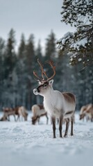 A majestic reindeer stands in the middle of a snowy Lapland forest, its antlers wide and strong against the pale winter sky