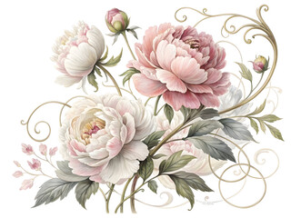 Delicate pink and white peonies with ornate golden swirls flowers green