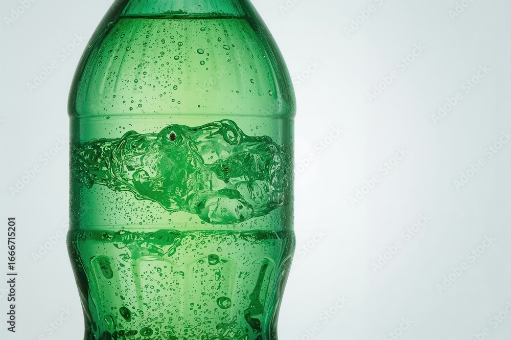 Poster abstract backdrop featuring a sparkling water bubble on a green glass container illuminated by gradi