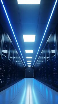 Server room aisle with bright, blue lighting