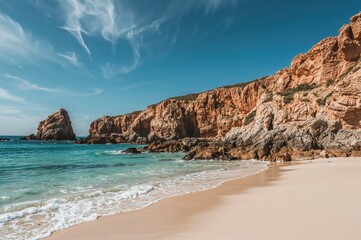 A picturesque shoreline showcasing rugged pink granite rock formations.