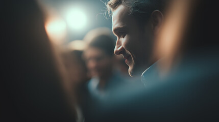 Cinematic and detailed full HD shot focusing on a person's face while they present an idea, capturing their passion and confidence, with a professional DSLR, bright lighting, and a subtly blurred back