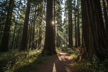 Obraz premium A trail winding through an enchanted verdant woodland with sunlight filtering through the trees.