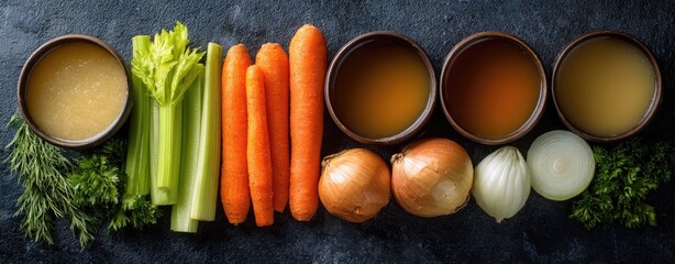 Flat lay of soup ingredients, including broth, celery, carrots, and onions