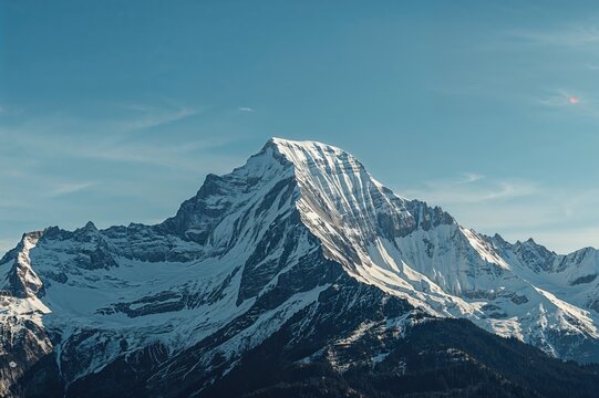 A vertical view of a tall mountain range blanketed in snow beneath a clear blue sky