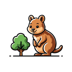 Cute cartoon quokka standing next to a small green tree on a white background