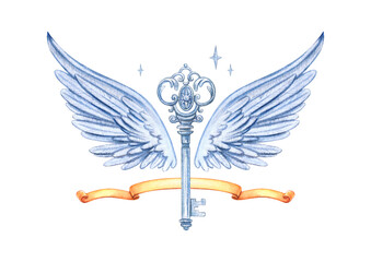 Fototapeta premium Watercolor celestial illustration of vintage silver-blue key with angel wings, sparkles and golden ribbon banner on white background. Mystical symbol with copy space for text.