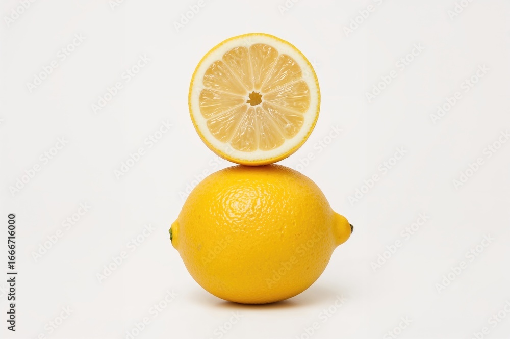 Poster a pair of lemons, one intact and the other sliced, placed against a white backdrop with the sliced o