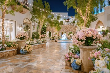 Fototapeta premium Enchanting Evening in a Floral Courtyard with Twinkling Lights, Elegant Fountains, and Vibrant Blossoms Surrounded by Lush Greenery in a Blissful Atmosphere