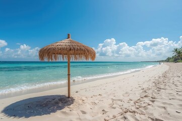 A colorful woven parasol casting shadows on a tranquil shore with clear skies and gentle waves.