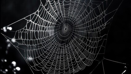 Naklejka premium Intricate Spiderweb Against Dark Backdrop, Illuminated by Glimmering Light