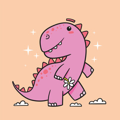 Cute pink dinosaur holding white flower, kawaii adorable character