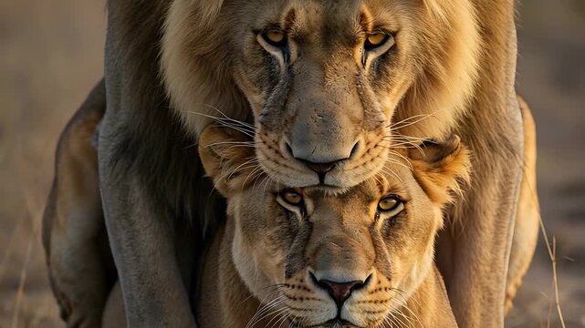 Intimate Portrait of a Majestic Lion and Lioness Embracing in the African Savannah, a Close-Up Look