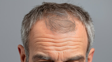 Fototapeta premium Receding hairline on scalp of mature man with gray hair and visible forehead wrinkles showing aging and hair loss condition in close up macro photo