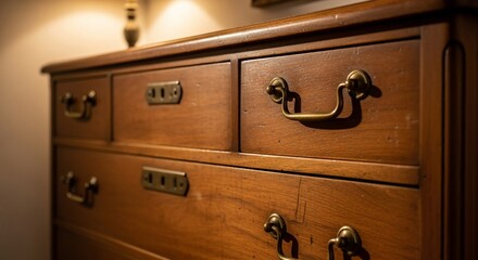 Elegant wooden chest of drawers with antique metal handles for home interior design and storage solutions showcasing detailed craftsmanship and classic style ideal for furniture catalogs 