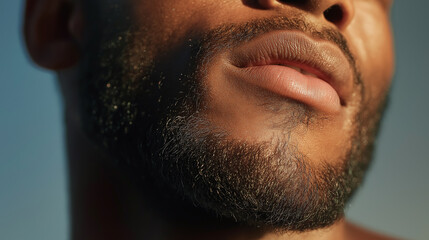 Close up of man jaw and neck with well groomed beard and smooth lips under natural light, showing radiant skin texture and facial hair detail