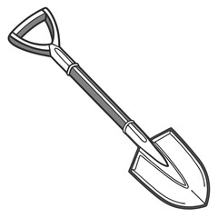 A simple clean line art illustration of a garden spade with a d shaped handle on a white background