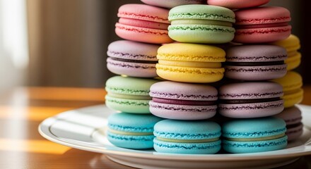 Elevated pastel macaroon display delectable stack of sweet confections and culinary artistry a celebration of color and texture in exquisite detail for creative food projects and celebratory visuals