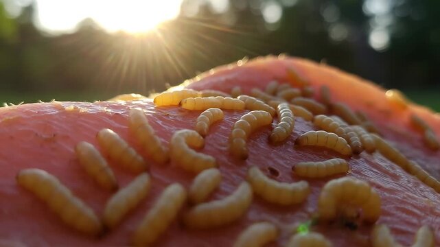 Maggots Crawling on a Pinkish Surface in Sunlight: A Close-Up Look at Nature's Decomposers