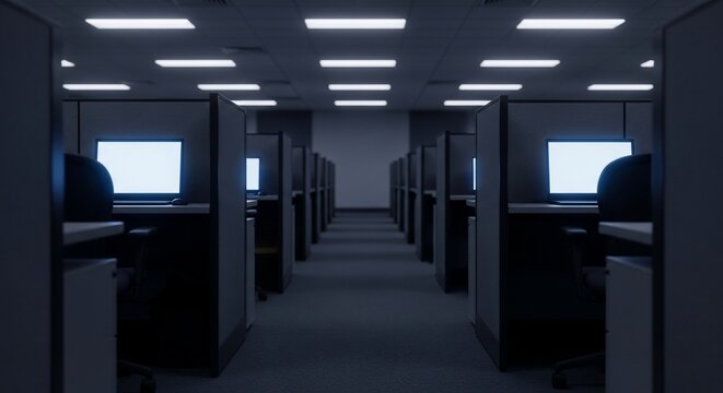 Empty office cubicles displaying modern workspace concepts and professional work environments suggesting contemporary business operations and technological productivity suitable for commercial use