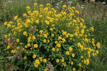 Obraz premium Yellow Blossoms Blooming on a Bushy Cinquefoil Plant in a Garden Border