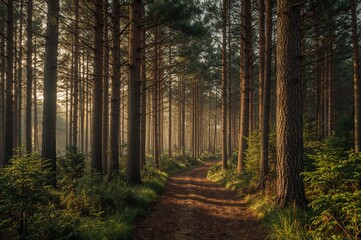 A trail winding through a forest of pine trees by the seaside