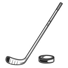 Classic black and white illustration of an ice hockey stick and puck on a clean white background