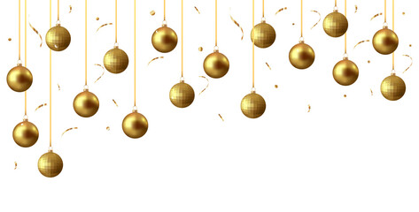 Gold christmas balls with shadow and confetti isolated on transparent background	