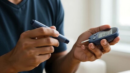 Man performing a diabetes check with a glucometer for blood sugar level monitoring at home