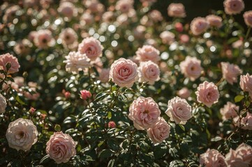 A sunlit rose garden with soft-focus pink blooms creating a beautiful background for floral designs.