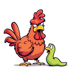 Vsai angry cartoon rooster yelling at a green worm