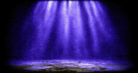 Purple, spotlight beams on textured dark floor