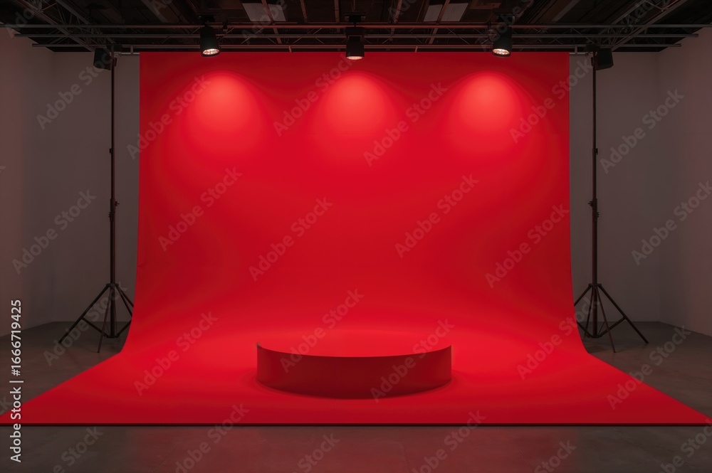 Aufkleber a crimson display setup featuring a matching podium and space for text, captured in a studio from th