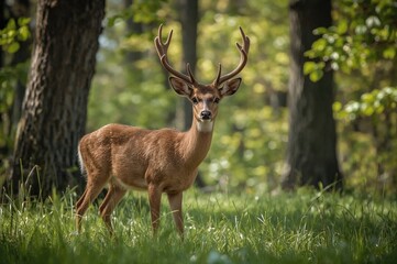 A young male roe deer among woodland trees in its natural environment.