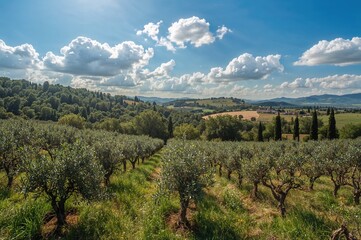 Naklejka premium Springtime vineyard and olive field captured by drone in a rural setting