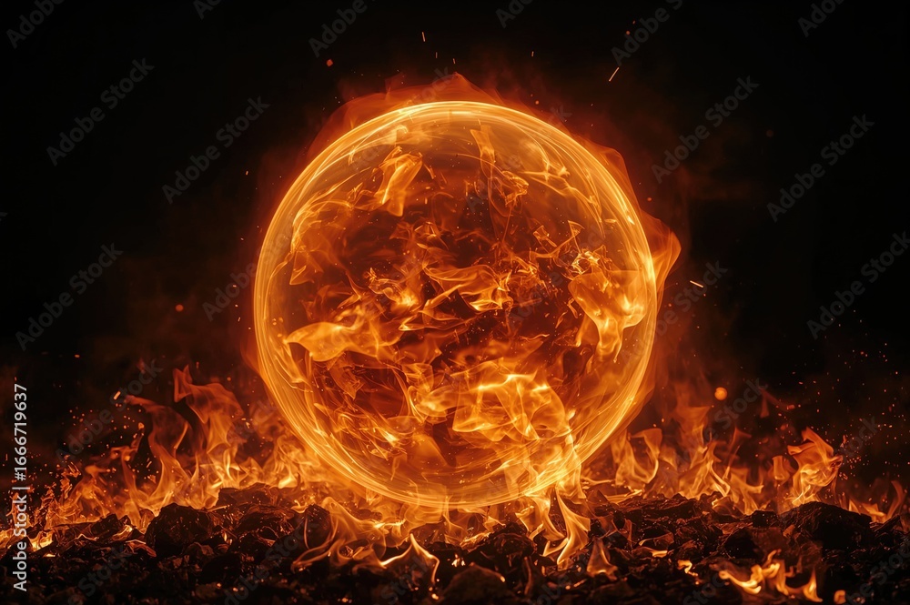 Poster isolated fiery orb with abstract design on plain backdrop