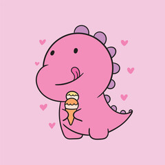 Cute pink dinosaur eating ice cream with tongue out, kawaii funny cartoon