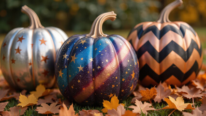 Colorful pumpkins with unique designs, including stars and chevron patterns, surrounded by autumn leaves create festive atmosphere