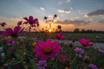 Obraz premium A vibrant cosmos flower garden set against a sunset sky
