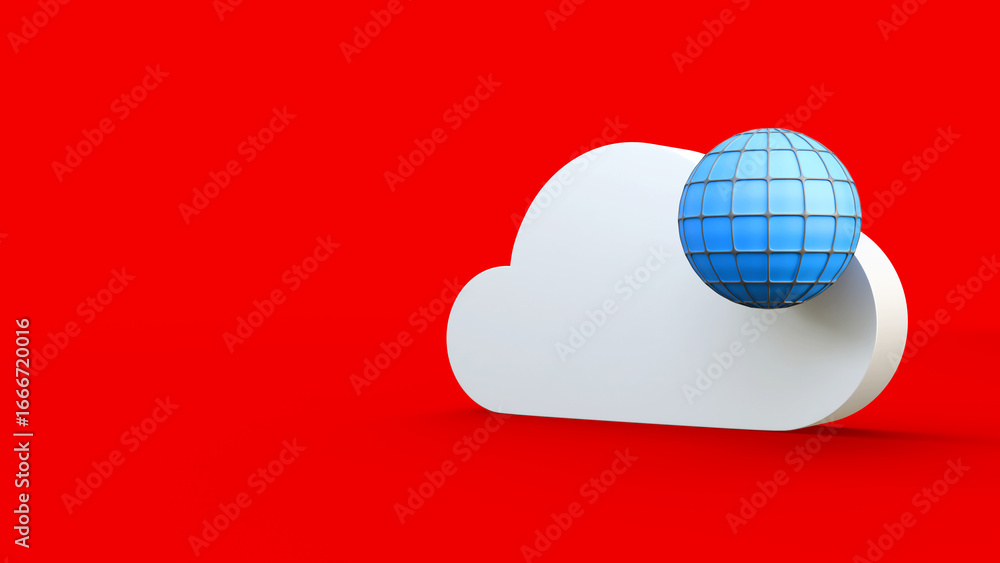 Poster digital cloud with earth globe isolated on red background. cloud computing, cloud storage and cloud 
