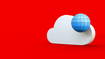 Digital cloud with earth globe isolated on red background. Cloud computing, cloud storage and cloud services concept. 3d render. Cybersecurity. Integrated digital web concept. Global network.